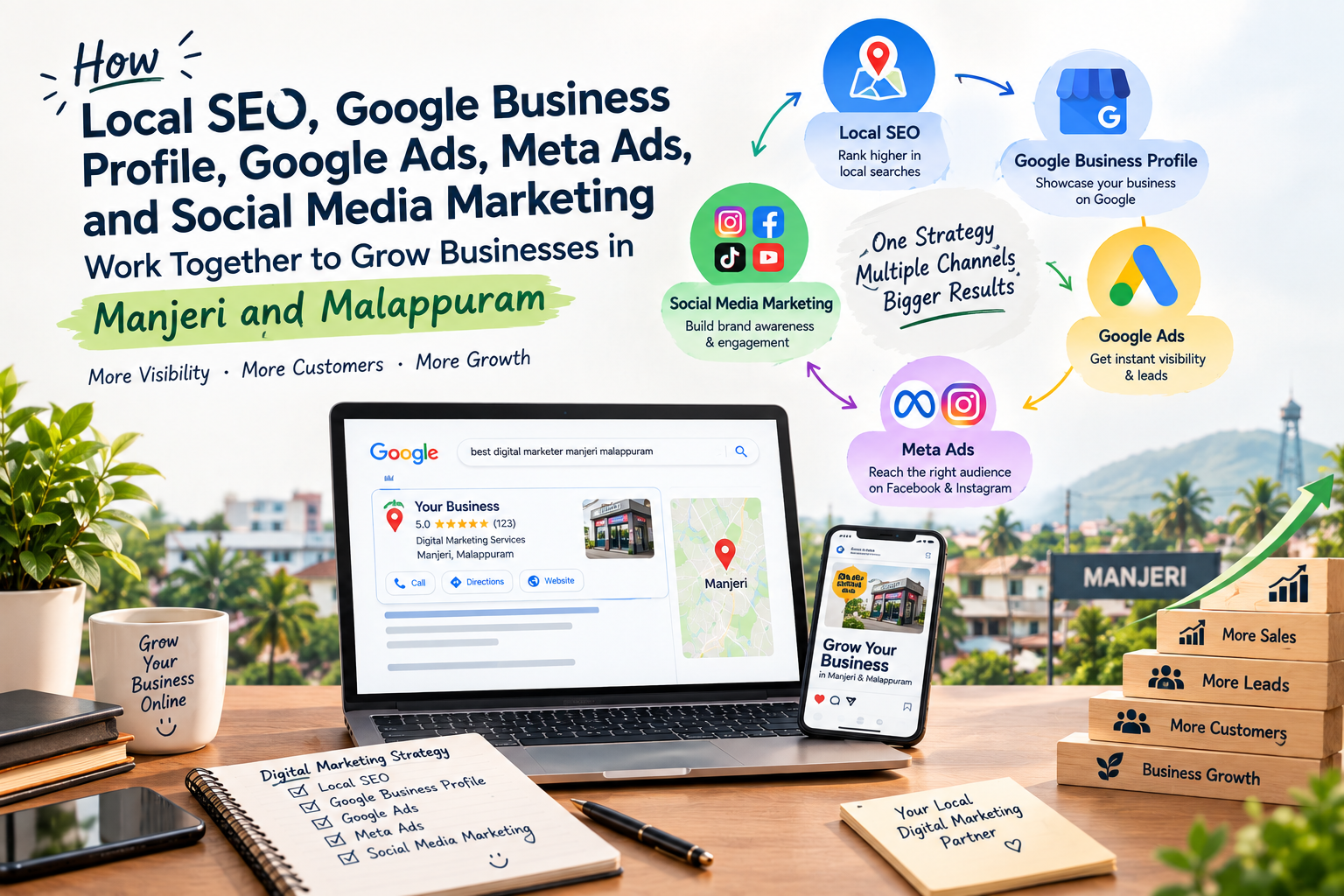 How Local SEO, Google Business Profile, Google Ads, Meta Ads, and Social Media Marketing Work Together to Grow Businesses in Manjeri and Malappuram